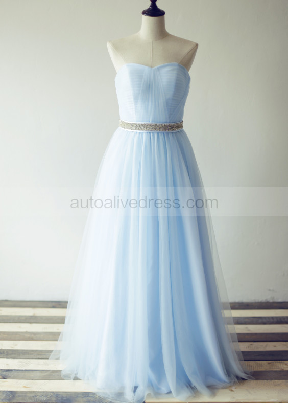 Strapless Sky Blue Pleated Tulle Long Prom Dress With Beaded Belt